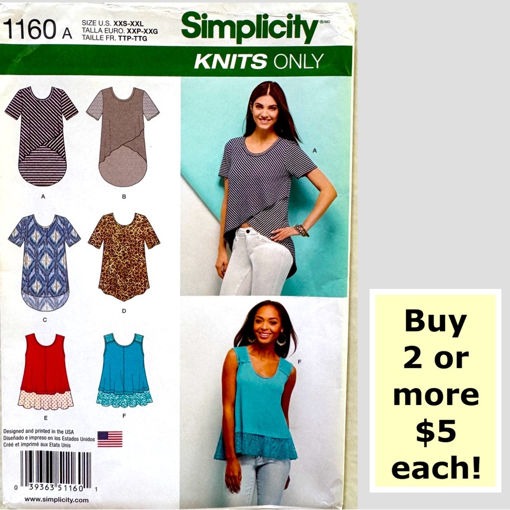 Simplicity 1160 Short Sleeve Knit Tops Sewing Pattern Uncut (XXS-XXL)